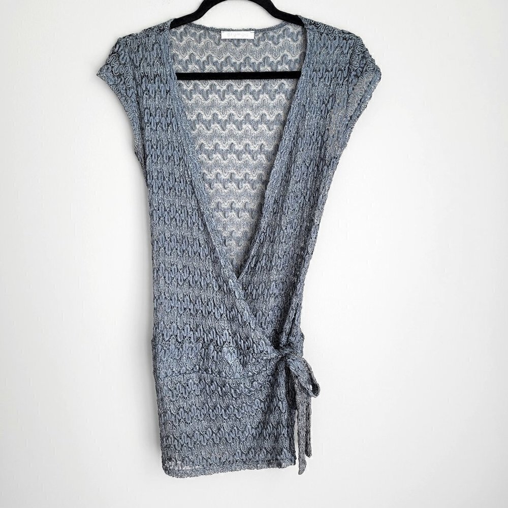 Promod Gray Metallic Knit Crochet Lace Wrap Cap Sleeve Cardigan